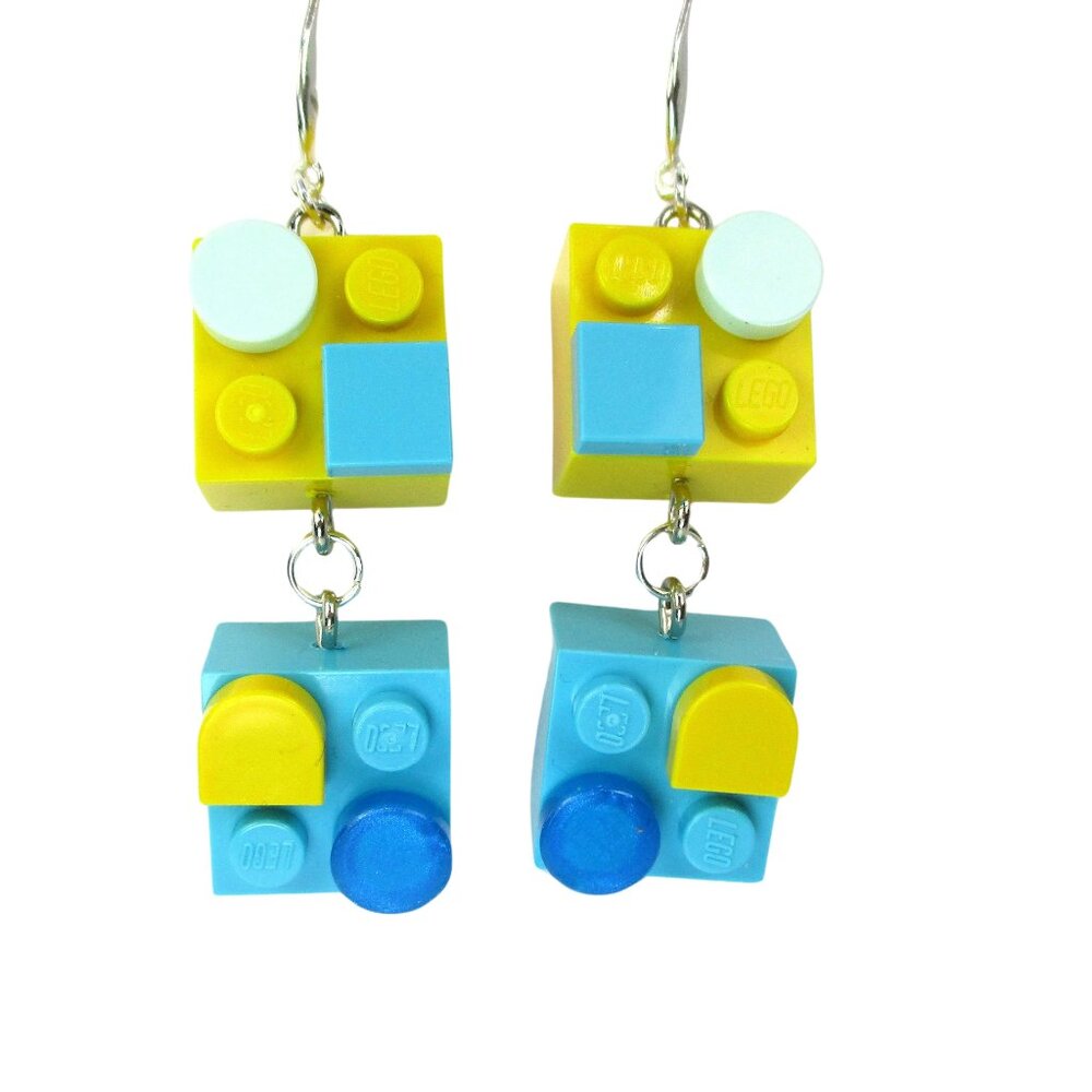 Handmade Lego Brick Designer Dangle Earrings, Nickel Free, Sterling Silver Plate
